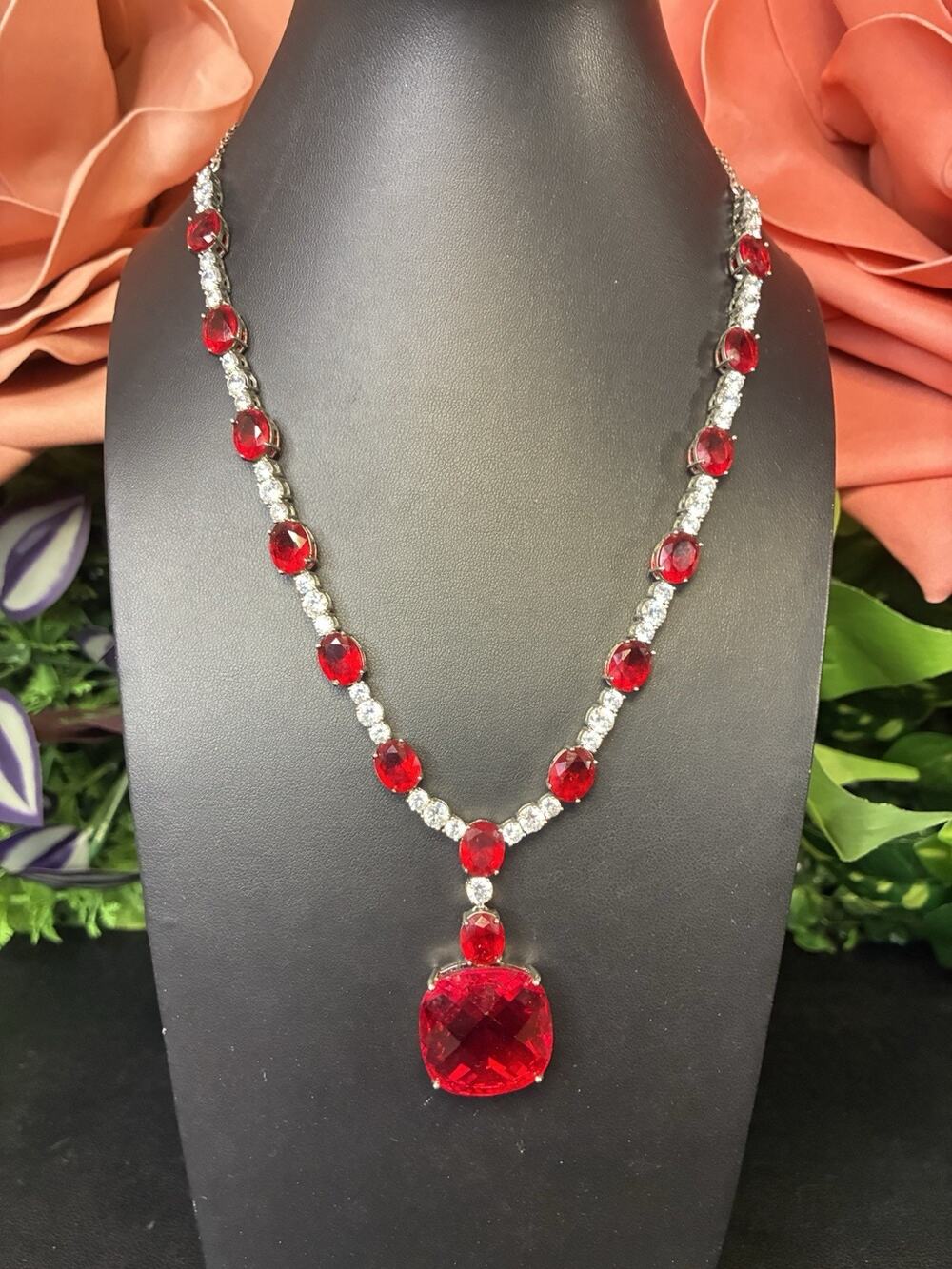 Lisa Leonard Ruby Red Crystal Statement Necklace Silver Tone Rhinestone Y Drop